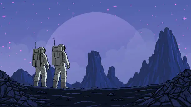 Vector illustration of Vector Sci-fi Astronaut Team Exploring a New Planet Stock Illustration