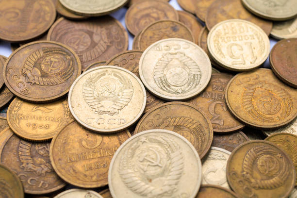 soviet coins close up. ussr coins, top view. old coins for numismatics. historical heritage. background - perestroika imagens e fotografias de stock