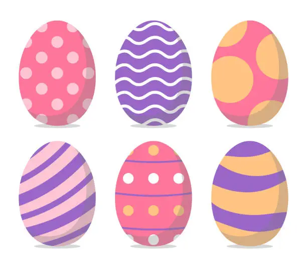 Vector illustration of Collection Of Colored Easter Eggs. Pink, Purple, Beige. Vector Illustration In Flat Style