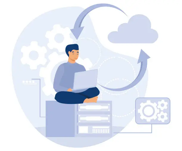 Vector illustration of Information management concept, Backup server, cloud based engine, flat vector modern illustration