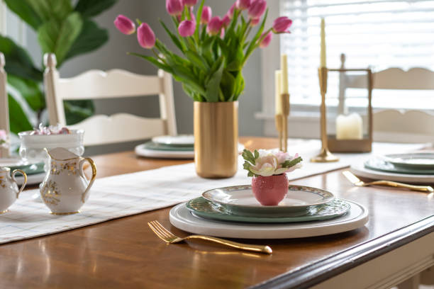 Closeup of spring table setting stock photo