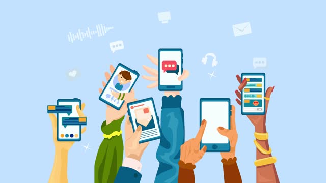 People who are using smart phone and social media. People hands with different messaging items and communication items on their phone screens. Different people holding phones. 2D Animation, 4K Resolution.