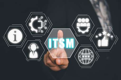ITSM, information technology service management concept, Business person hand touching information technology service management icon on virtual screen.