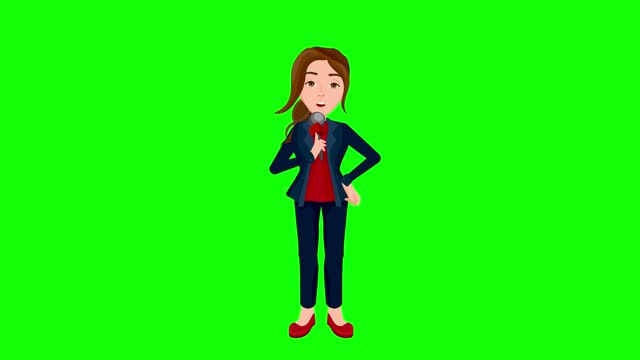 Presenter presenting news to the television world. Last minute agenda, They present news with microphone they hold in their hand. Journalist woman. Chroma Key and matte finish, 2D Animation.