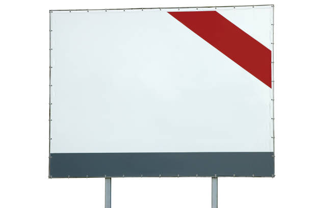 White signboard ad signage, isolated blank empty roadside advertising sign board rectangle canvas copy space, red, grey background bands, large rectangular horizontal metallic advert billboard placard frame, grey pole posts señalización publicitaria de letrero blanco, espacio de copia de lienzo de letrero publicitario vacío en blanco aislado en la carretera, bandas de fondo rojas y grises, marco de cartelera publicitaria metálica horizontal rectangular grande, postes de p