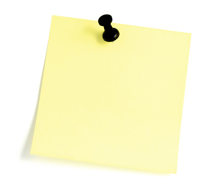 Blank Empty Yellow Isolated To-Do List Sticky Adhesive Note Sticker Post-It Copy Space Background, Large Detailed Macro Closeup, Black Pushpin Thumbtack, White Background