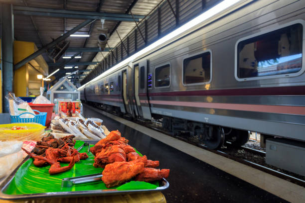 Hat Yai, Thailand - January 31, 2023:  Exterior boarding platform of the Hat Yai Junction train station building located in Thailand.