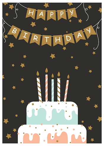 Happy birthday greeting card. Vector illustration of cake with candles. Hand drawn style.