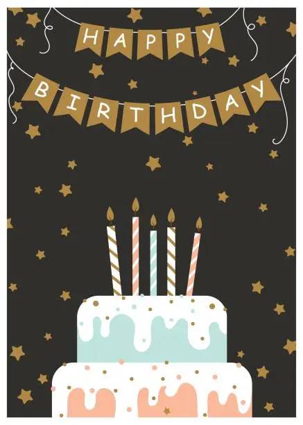 Vector illustration of Happy birthday greeting card. Vector illustration of cake with candles. Hand drawn style.