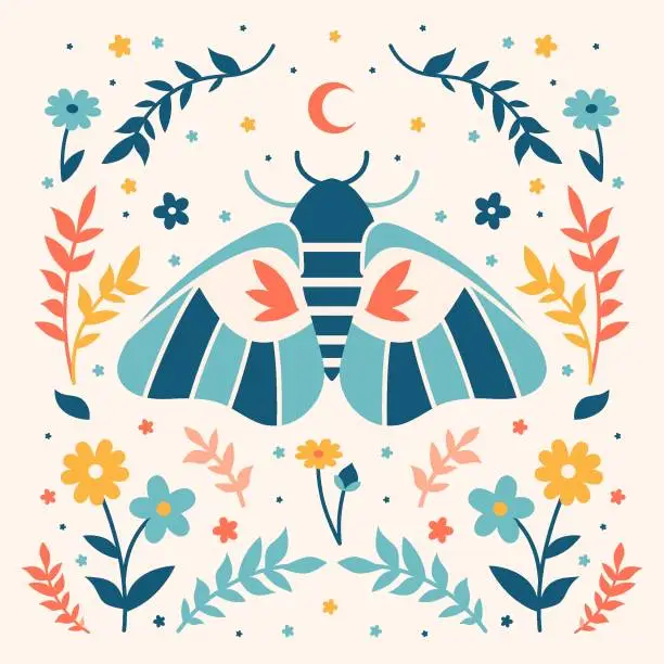 Vector illustration of Vintage boho print with insect moth, flowers, florals and herbs. Mystery cozy floral art. Boho elegant vector butterfly, night-fly.Swedish, Norwegian and Scandinavian folk motives