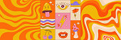 istock Trippy graphic poster set with retro groovy wave. Poster square with lips, flower, mushroom and wave. Trippy groovy 70s graphic. Cartoon vector illutration 1475150789