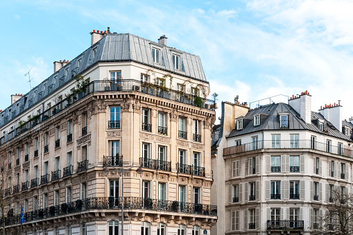Paris, beautiful building in a luxury neighborhood, typical Haussmann facades