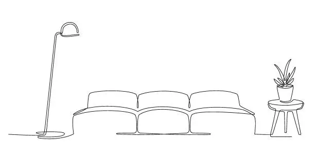 Vector illustration of One line interior with sofa, plant and floor lamp. Single line drawing of Living room with modern furniture. Continuous line Hand draw contour. Bulb, flower in pot. Editable stroke. Doodle vector