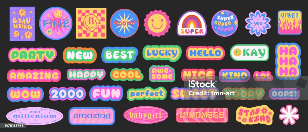 Cool Y2k Stickers Vector Pack Set Of Trendy Groovy Patches Pop Art ...