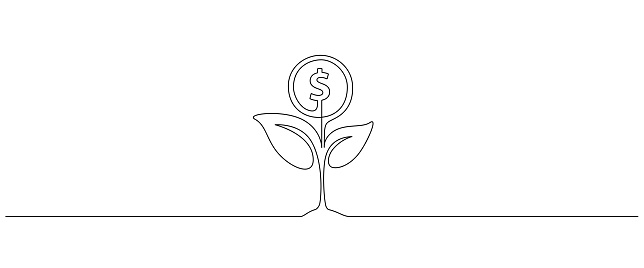 Money plant in One Continuous line drawing. Growing coin tree symbol and finance investment increase concept in simple linear style. Editable stroke. Doodle Vector illustration.