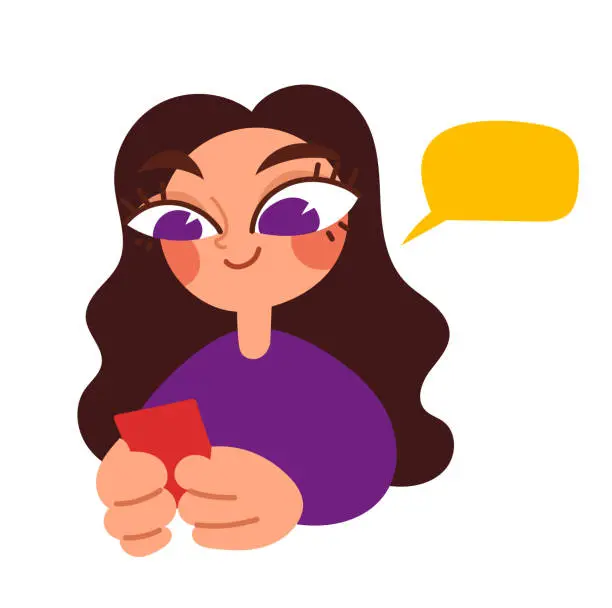 Vector illustration of Joyful girl looks into her phone and types a message. Text message with smartphone. Digital sms and instant messaging chat. Conversation with boyfriend or friend. Flat vector.