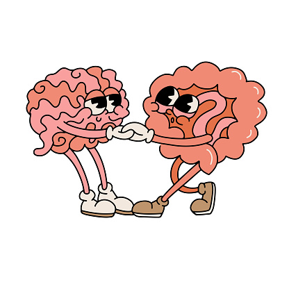 Gut-brain connection isolated concept. Groovy friendly organs characters. Health of the brain and the gut are interwinded. Editable vector illustration in a flat contour 70s retro cartoon style