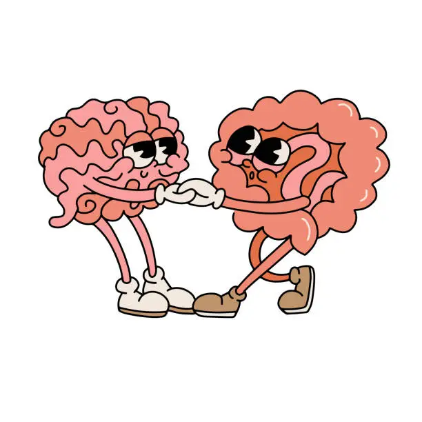 Vector illustration of Gut-brain connection isolated concept. Groovy friendly organs characters. Health of the brain and the gut are interwinded. Editable vector illustration in a flat contour 70s retro cartoon style.