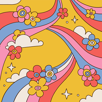Hand drawn psychedelic groovy background with flowers, rainbows, clouds, vivid colors. Retro 70s vivid sky. Vector hand drawn contour illustration