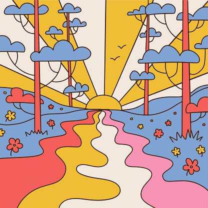 Retro psychedelic landscape. Vintage hippie background with sunset, rainbow river, grees and flowers. Contour hand drawn vector illustration in 70s groovy style