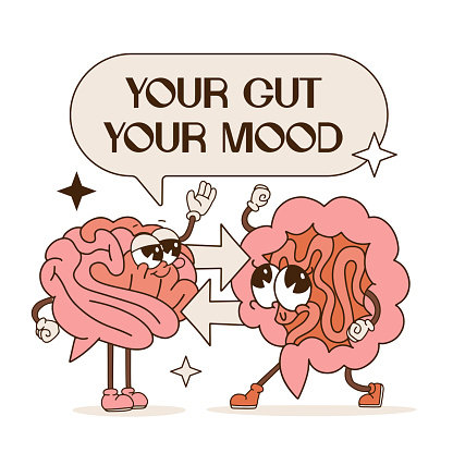 Gut and brain retro cartoon characters connection. Health of the brain and the gut are interwinded. Medical, scientific, healthcare concept. Contour vector illustration with text Your gut, your mood