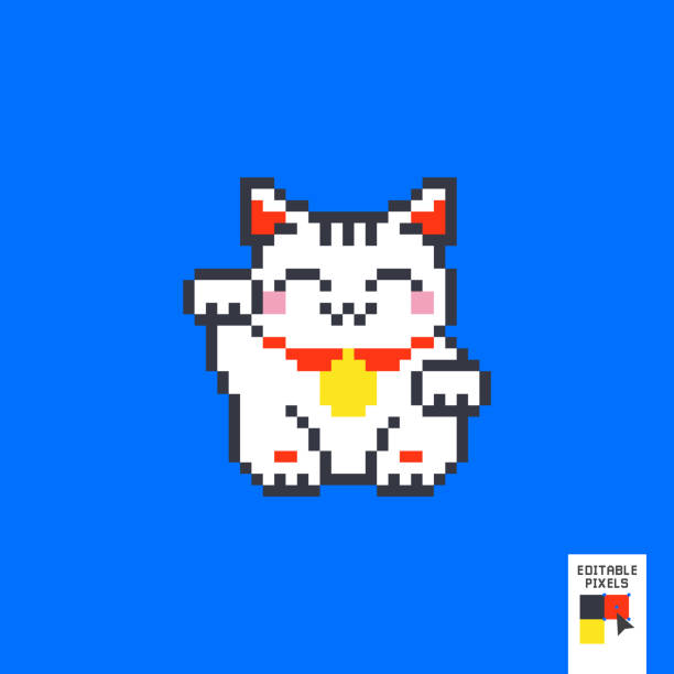 pixel-art asiatische glückskatze, maneki neko isoliert auf blauem hintergrund. pixel glückskatze. japanisches glückskatzen-charakter-design. 8-bit-vektor-illustration. - winkekatze stock-grafiken, -clipart, -cartoons und -symbole