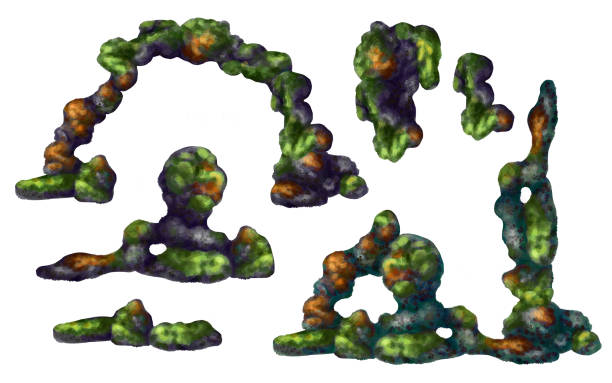 istock A set of underwater rocks with green algae and orange coral. Digital illustration on a white background. For compositions, prints, stickers, posters. 1475164295