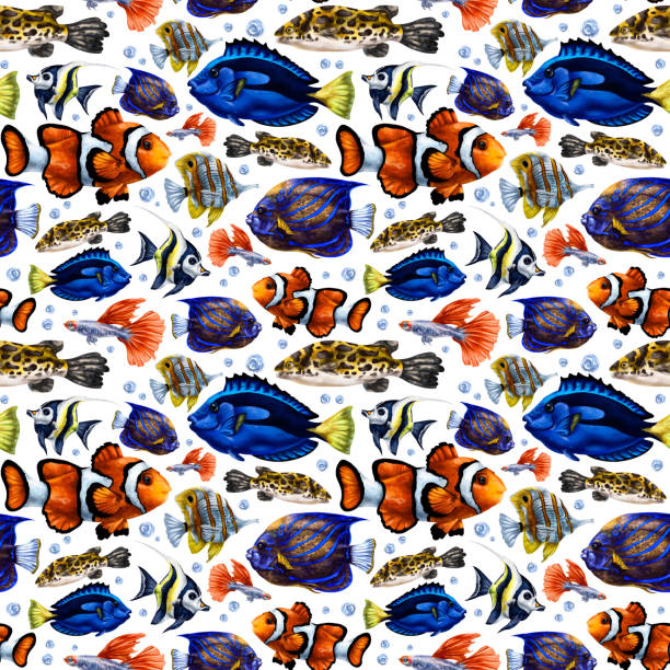 istock Seamless pattern with colorful marine life. Tropical fish. Background for textiles, fabrics, wrapping paper, souvenirs and other designs 1475164363