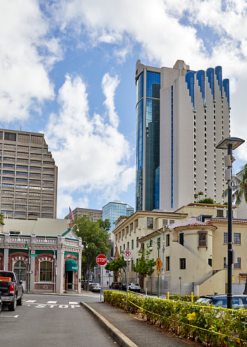 Honolulu, Oahu, Hawaii, USA, - February 8, 2023: Side Street near Nuuanu Ave in Downtown, Honolulu, Hawaii