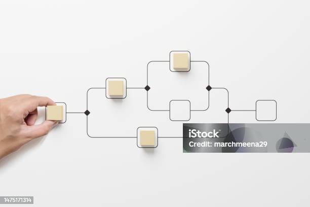 Business Process And Workflow Automation With Flowchart Hand Holding Wooden Cube Block Arranging Processing Management On White Background Stock Photo - Download Image Now
