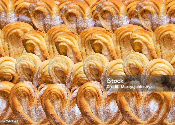 Puff Pastry Cookies Palmier Or Elephant Ears Caramelized And Crunchy Pastry White Background Top View Stock Photo - Download Image Now