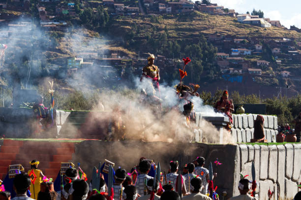 Smoke From Offerings Rising From Outdoor Stage For Inti Raymi Festival Cusco Peru South America