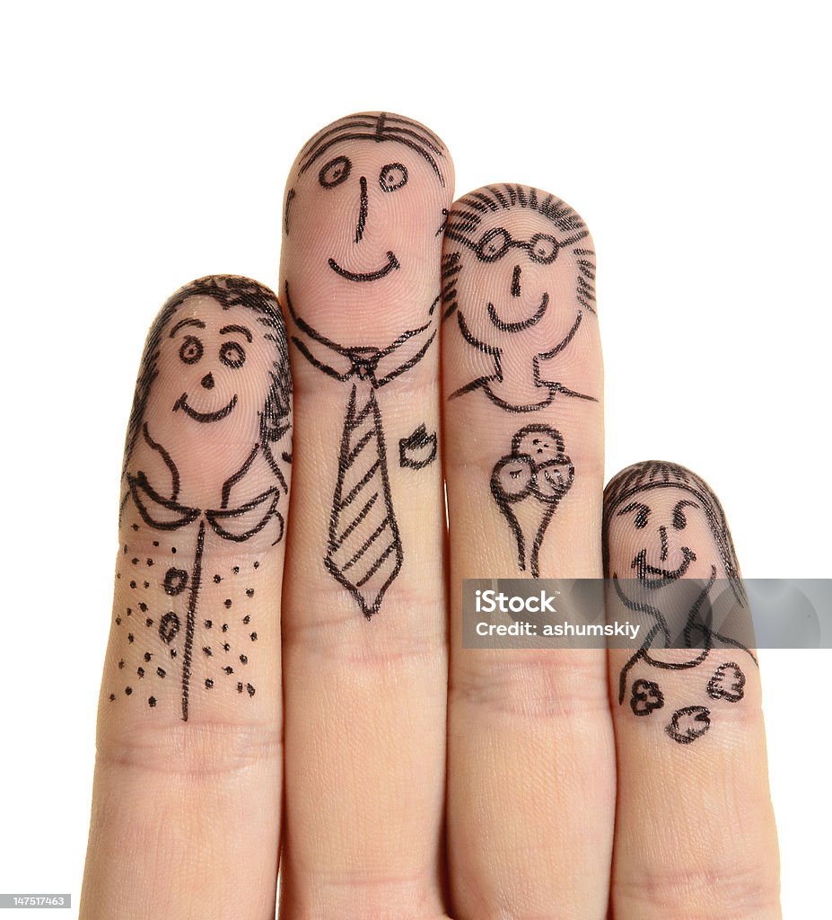 Simple draws of family members in ink on fingers Fingers Family isolated on white background Adult Stock Photo