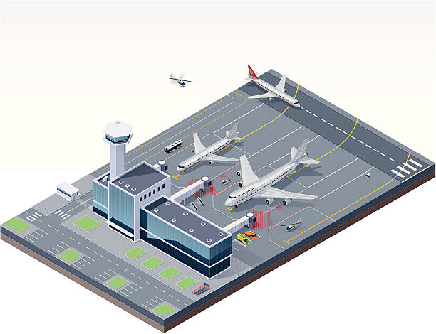 изометрические аэропорт - air traffic control tower airport runway air travel stock illustrations