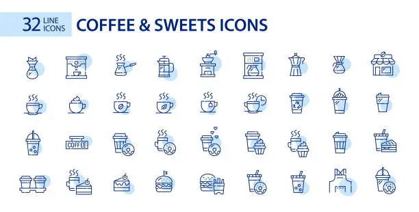 Vector illustration of 32 coffee, sweets and coffee shop equipment icons. Pixel perfect, editable stroke design