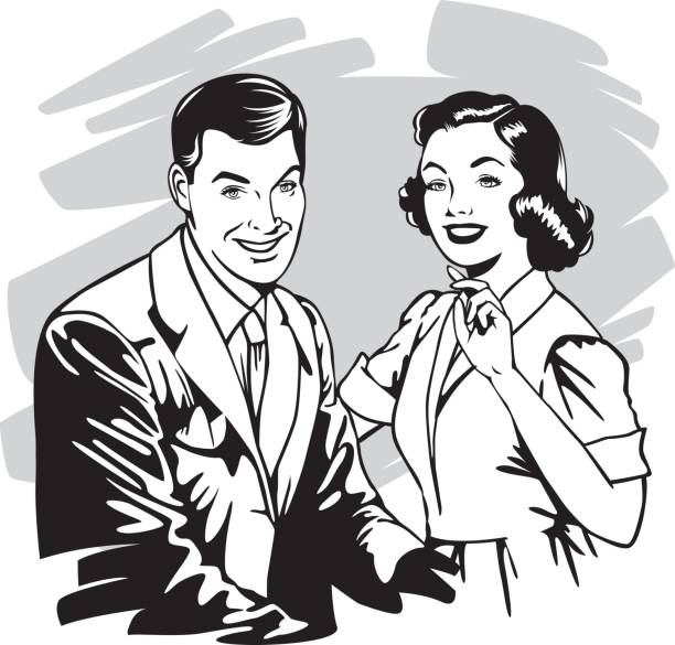 illustrazioni stock, clip art, cartoni animati e icone di tendenza di coppia vintage - 1950s style couple old fashioned heterosexual couple