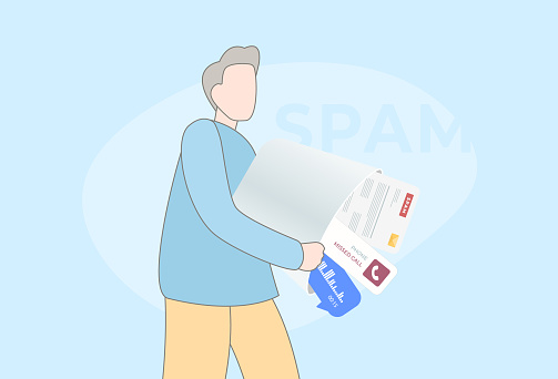 Spam messages concept illustration. Character shakes out irrelevant unsolicited malicious spam emails, notifications of unwanted promotional calls and voice messages with advertising from the bucket.