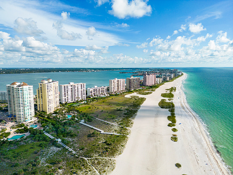 Aerial view of the nearly empty Sand Key Beach at the island Sand Key in Clearwater, Florida