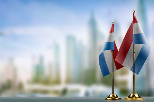 A small Netherlands flag on an abstract blurry background.