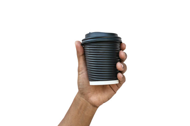 mockup of male hand holding black coffee paper cup.clipping path.