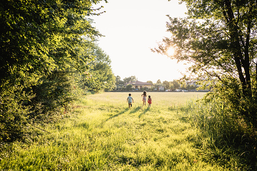 rear view of three children running towards sun in the open field