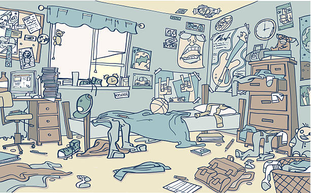 Messy Teenagers Room with Clothing and Books Everywhere vector art illustration