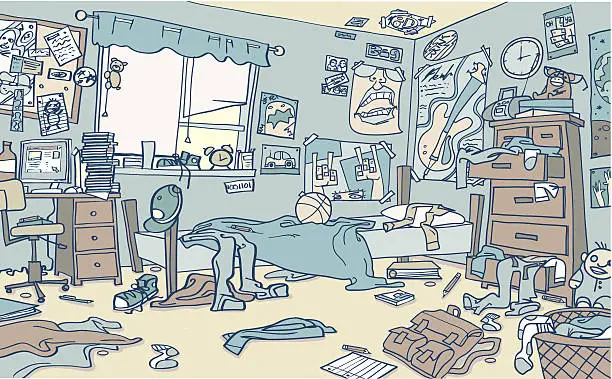 Vector illustration of Messy Teenagers Room with Clothing and Books Everywhere