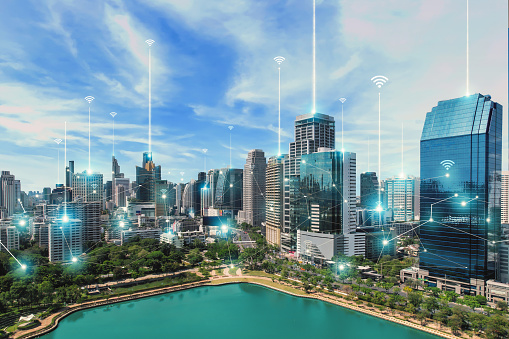 City scape with connecting dots for networking and communication in the morning