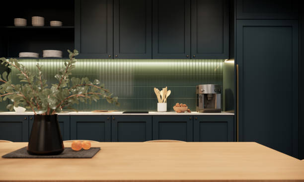 istock Residential interior of modern classic kitchen in elegant mansion with night light, 3d rendering 1475189980