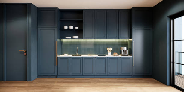 istock Modern Contemporary classic kitchen room interior. dark tone and wood material 3d rendering apartment design 1475190015