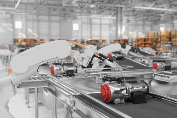 istock Smart Distribution Warehouse With Robotic Arms Working On Electrical Motors Production Line On Conveyor Belt 1475191117