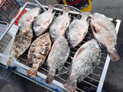 Grilled Tilapia fish - Bangkok Street food vendor.