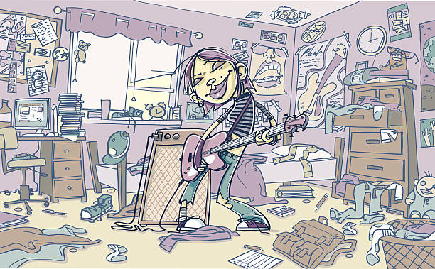 illustrations, cliparts, dessins animés et icônes de jeune femme jouer de la guitare dans la chambre en désordre - hat band