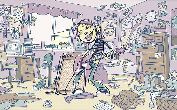 illustrazioni stock, clip art, cartoni animati e icone di tendenza di ragazza suona la chitarra in camera sporca - poster bed